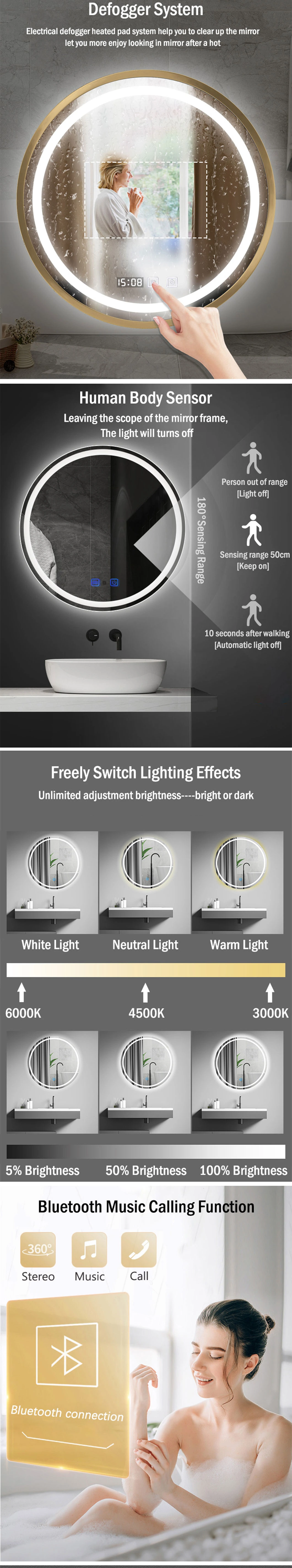 High End Spiegel Round Wall Mirror Custom Silver Modern Bath Mirrors LED Smart Bathroom Mirror with LED Light