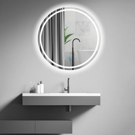 Specchio di fascia alta, specchio da parete rotondo, specchio da bagno moderno argento personalizzato, specchio da bagno LED intelligente con luce LED